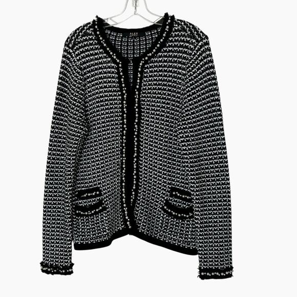 Alex Marie Cardigan Sweater Womans L Black White Faux Pearls Hook Front Elegant - Picture 9 of 10